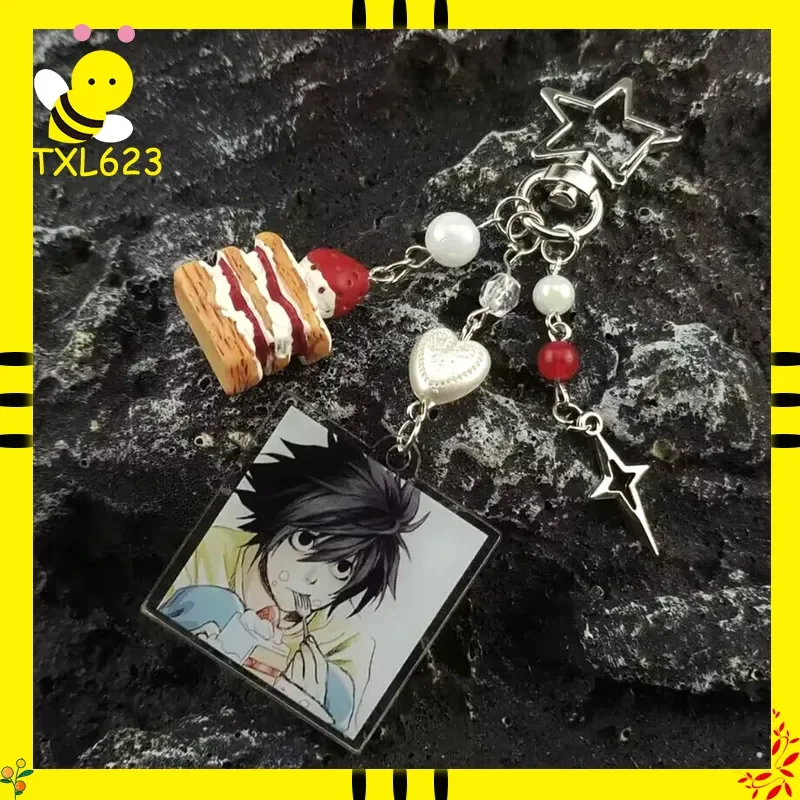 Handmade Anime Death Note L Lawliet Beaded Keychain Aesthetic Cake Charm Handbag Pendant Key Ring Toy for Christmas Gifts