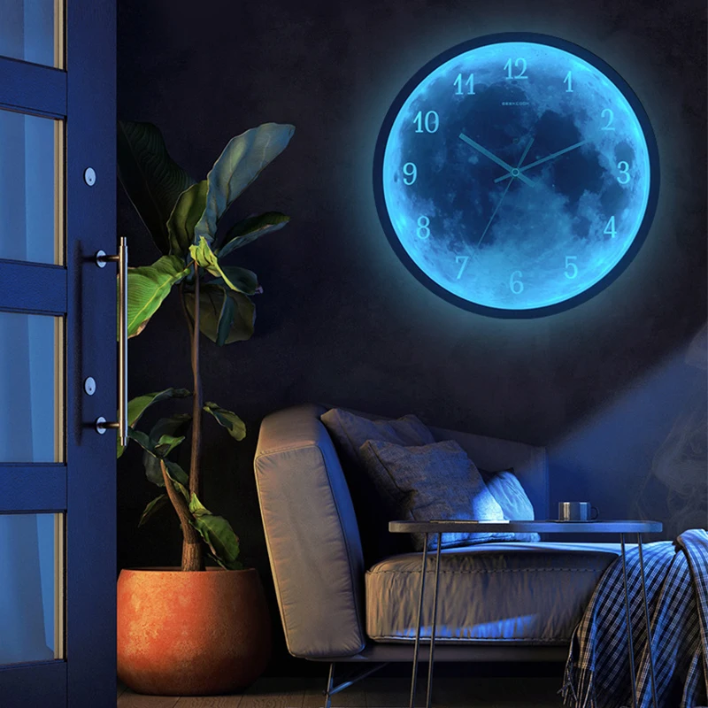 

30cm Blue Moon Wall Clock Luminous Wall Clock Silent Living Room Art Design Clock Bedroom Round Clock Modern Home Decoration