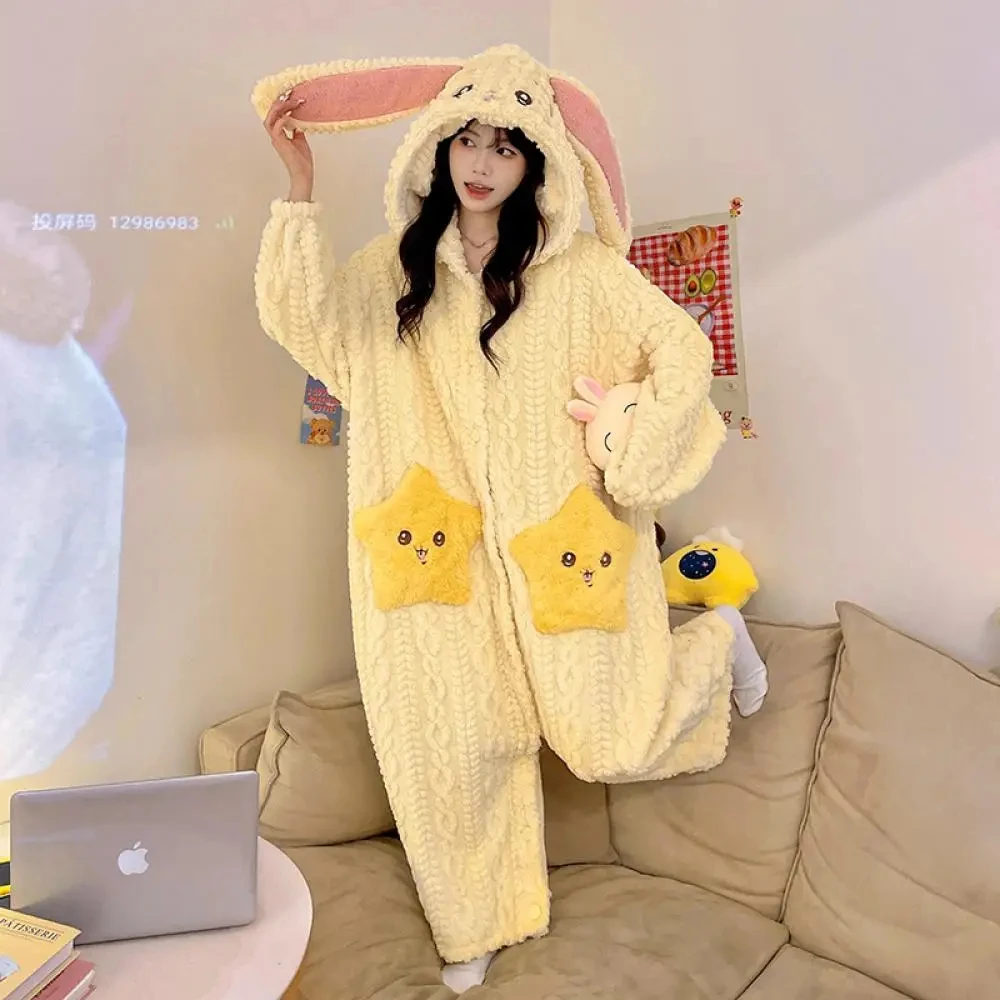 

Autumn Winter Anime Usagi Chiikawa Women Jumpsuit Pajamas Coral Fleece Nightwear Cartoon Kids Girl Thicken Cute Homewear Gift