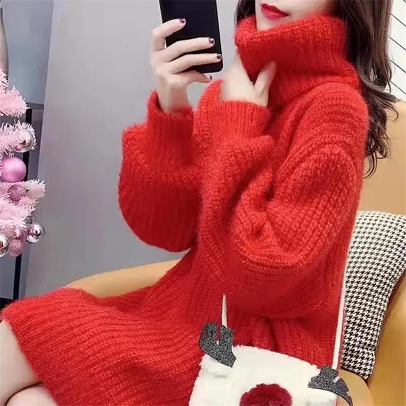 Fashion Autumn Winter Turtleneck Knitted Dress Red Gray Apricot Casual Sweater Dresses Thicken Long Sweater Pullover Female