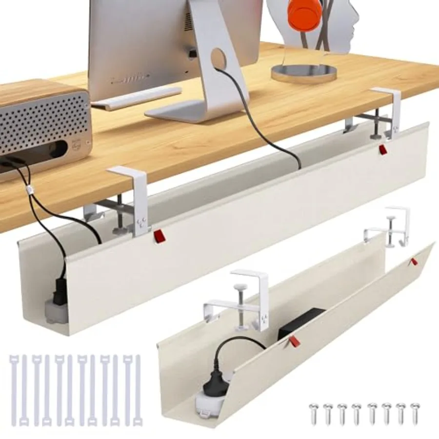 

Extra Large 48 Under Desk Cable Management Tray for Standing Desk, Heavy Duty Steel, Black, No-Drill Clamp-On Anti-Sag Cord Org