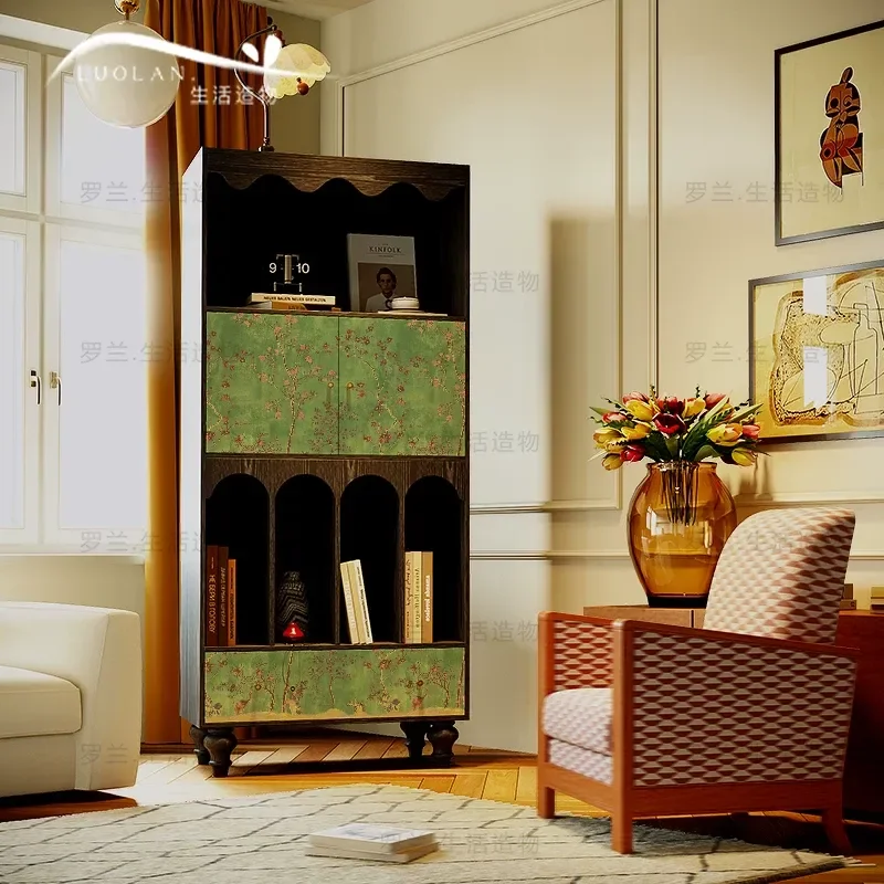 Green Retro Solid Wood Bookcase Living Room Entrance Storage Decorative Cabinet Bedroom Antique Flower Bird Pattern Shelf