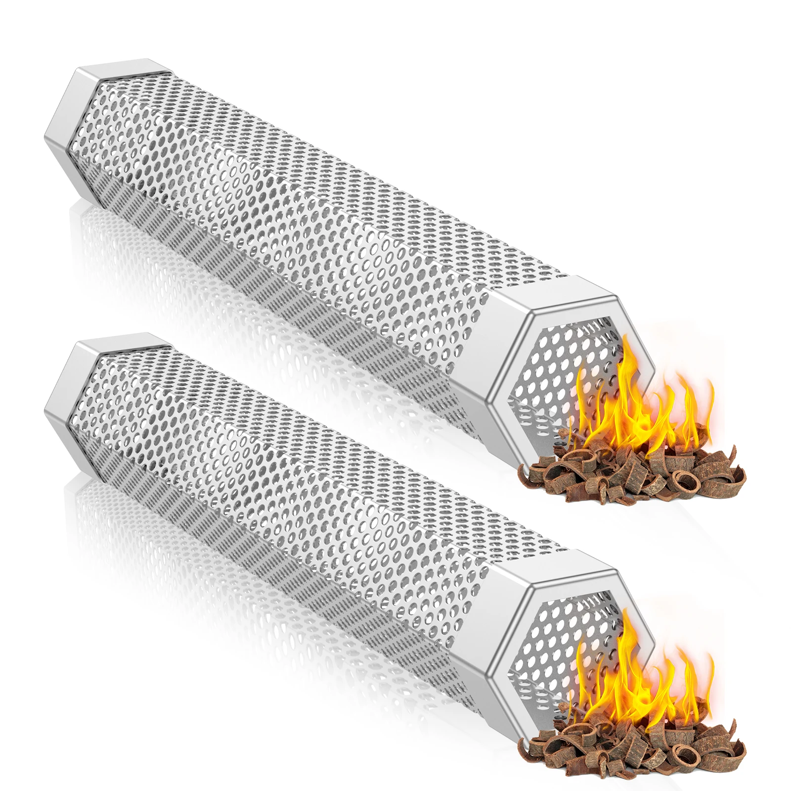 2Pcs Pellet Smoker Tube BBQ Stainless Steel Hexagon Smoker Grill Tube Perforated Mesh Filter Gadget Pellet Smoking Generator