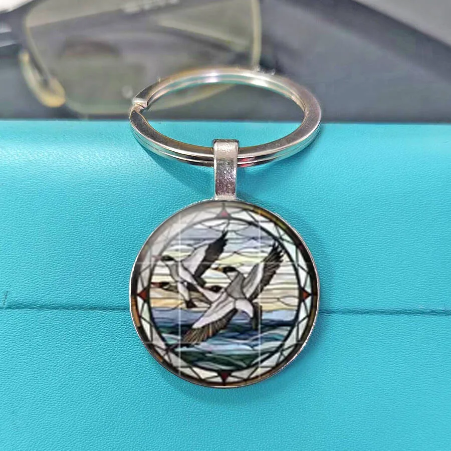 Stained Glass Wild Bird Round Glass Cabochon Keychain, Eagle Peacock Owl Hummingbird Swan Pattern Key Ring