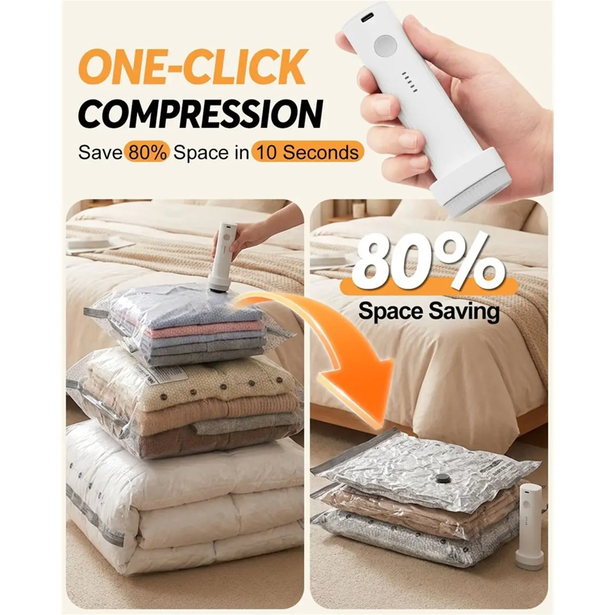 (WSFS) Vacuum Bags for Travel with Rechargeable Air Pump,15 Pack Compression Bags & Travel Storage,for Clothes, Bedding