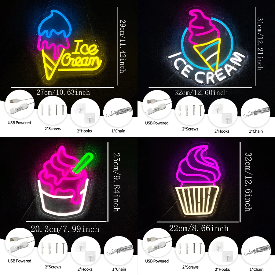 Ice Cream Series Neon Sign For Wall Decor,Light Up Sign For Business Restaurant,Bar,Dessert Shops,Coffee,Ice Cream Shop Decor