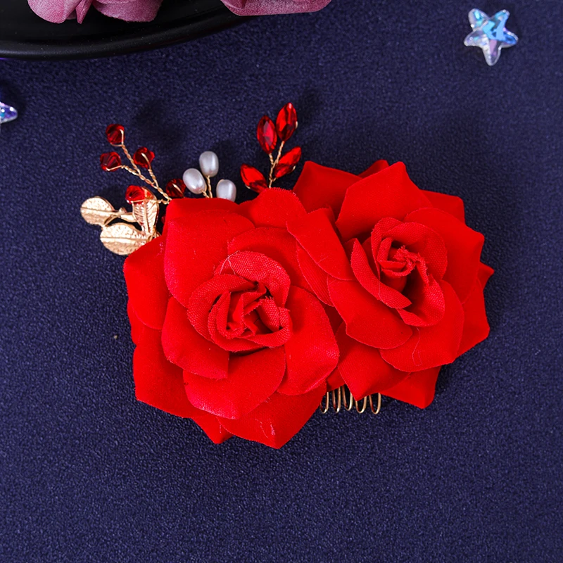 Red Flower Headband Pearl Hair Comb Clip For Women Pageant Crystal Haircomb Bridal Wedding Hair Accessories Jewelry Comb Clip