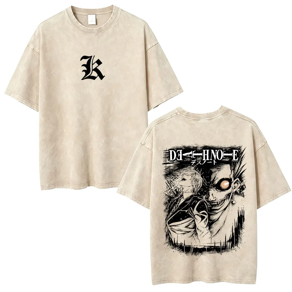 

Washed Vintage Anime Death Note Light Yagami Ryuk Graphic T-shirt Men Cartoon Oversized T Shirts Men's 90s Manga Retro T-shirts