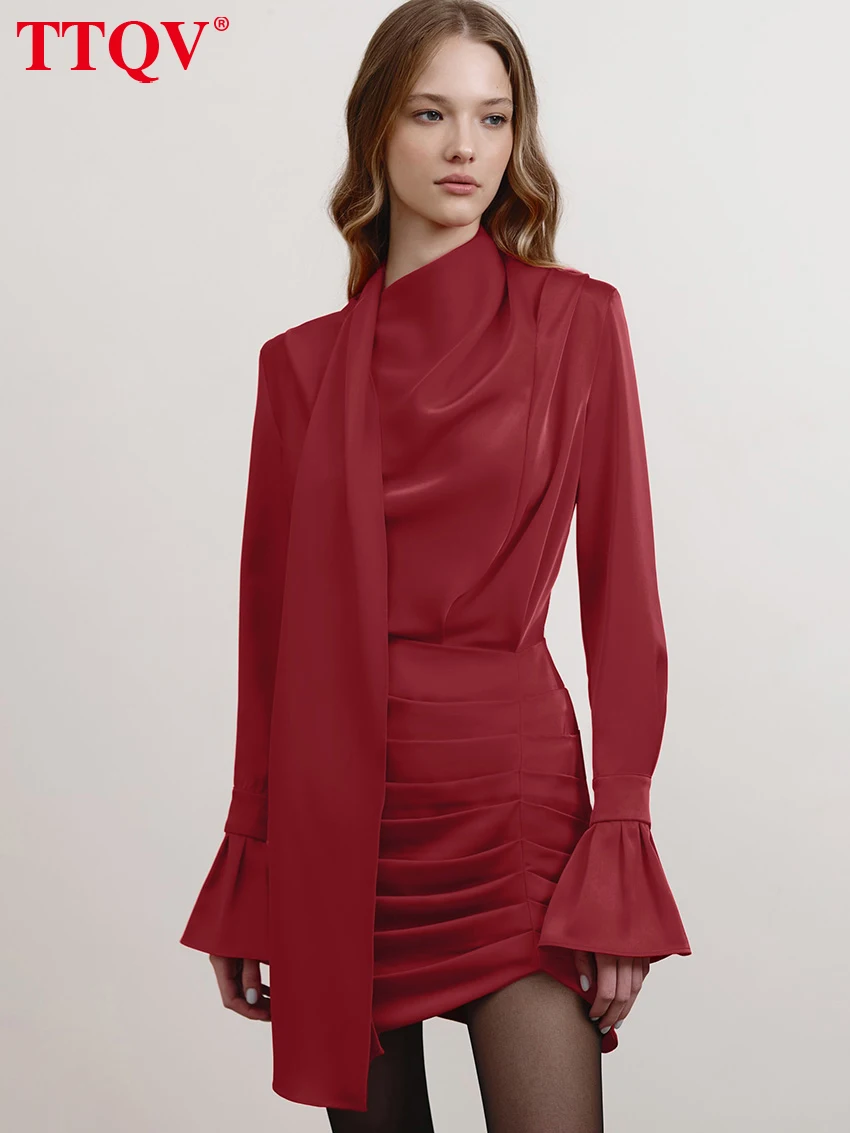 

TTQV Bodycon Loose Blule Satin Women's Dress Fashion Bow Collar Long Sleeve Mini Dresses Elegant Classic Solid Female Dressv