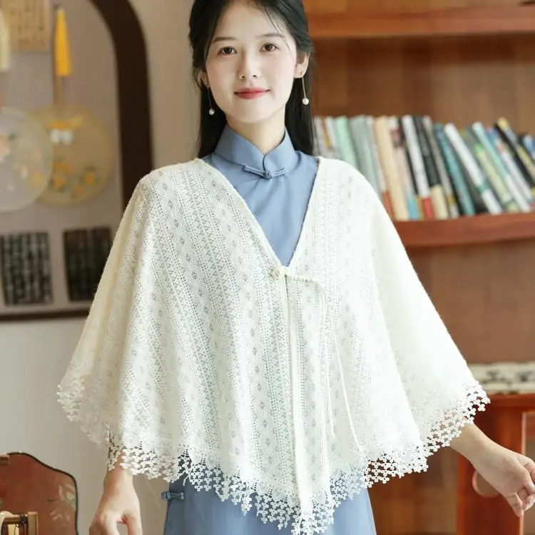 

Feather Lace V-Neck Cloak Shoulder Wrap Lazy Style Outer Shawl Women Short New Chinese Style Small Open Cardigan Bu...