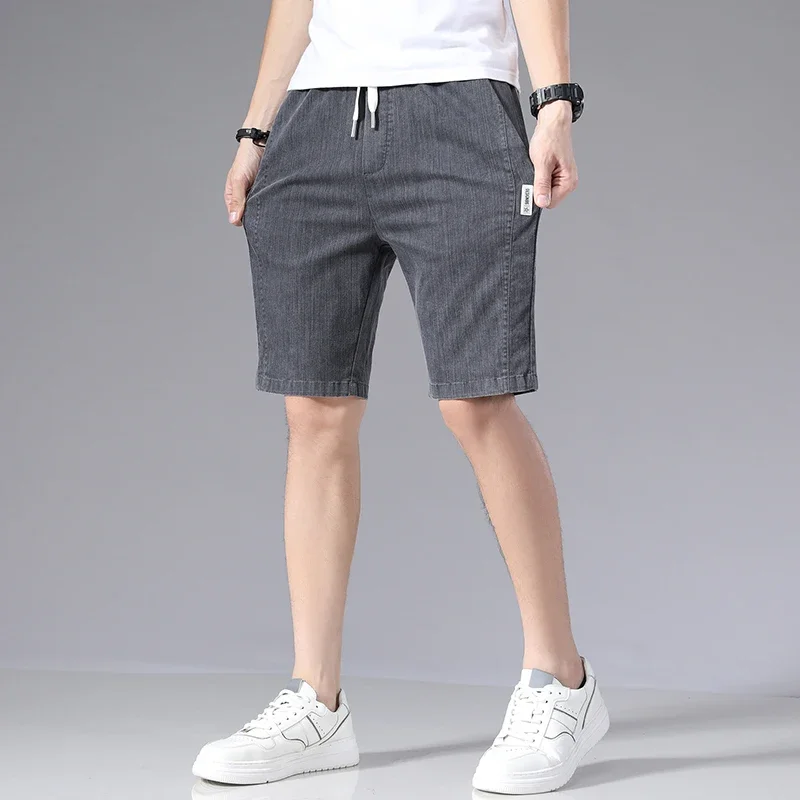 Summer Denim Shorts Men Soild Breathable Cotton Drawstring Gym Shorts Relaxed Fit Khaki Running Pants Male