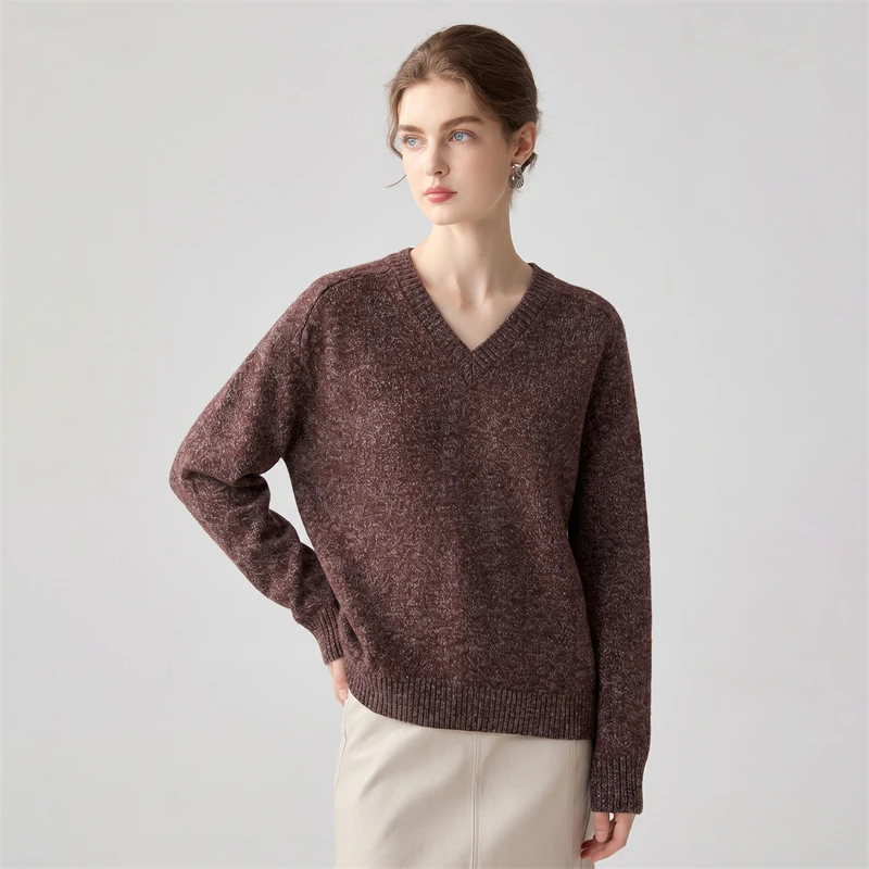 100% pure cashmere sweater women's autumn and winter new V-neck thick floral yarn knitted sweater loose and lazy style pullover