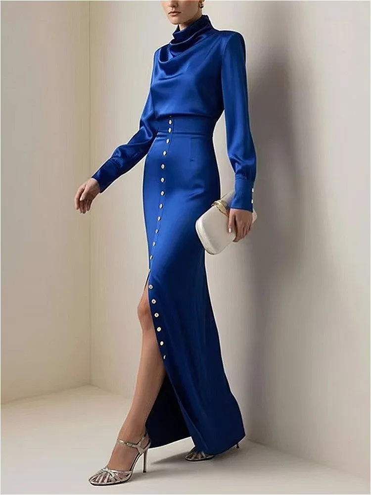 

Modigirl Women's Evening Dress Set 2026 High-Neck Shirts Tops High-slit Gold Buttons Elegant Woman Maxi Dress for Formal Party