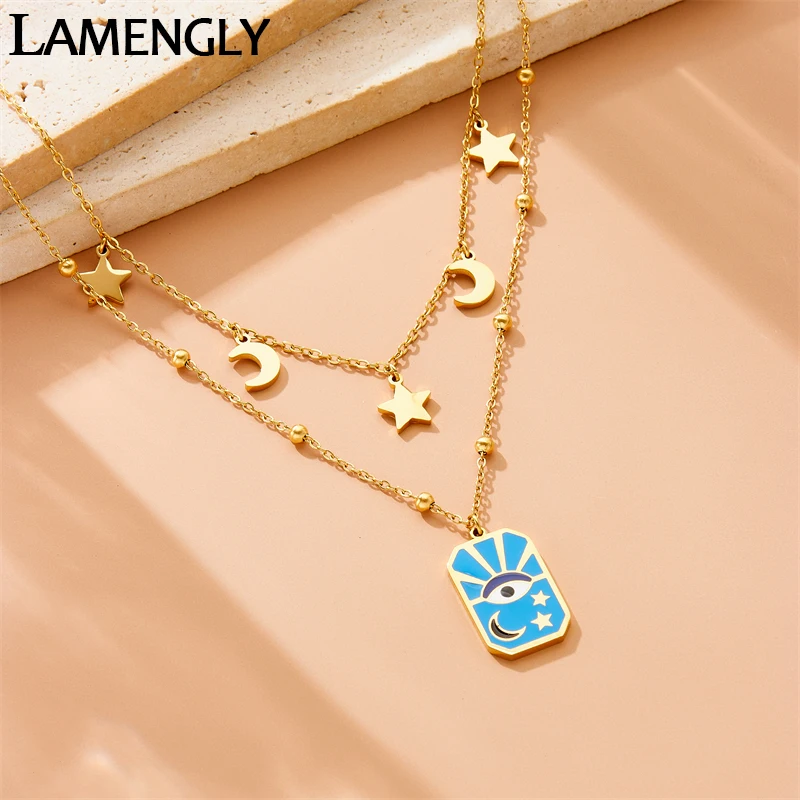 LAMENGLY 2024 New 316l Stainless Steel Dual Chain Design Exaggerated Eyes Moon Stars Pendant Necklace Women Personal Neck Chain