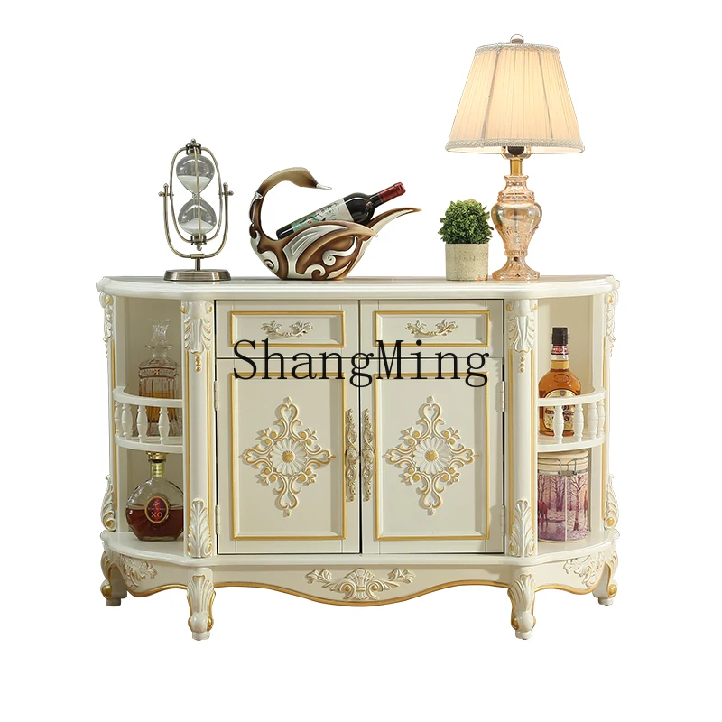SM solid wood dining side tea cabinet layer display wine cabinet marble countertop villa carved dining cabinet