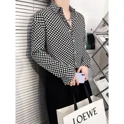 Spring Autumn New Fashion Turn-down Collar Long Sleeve Plaid Blouse Men's Clothing Printing Button Korean Trend Hip Hop Shirts