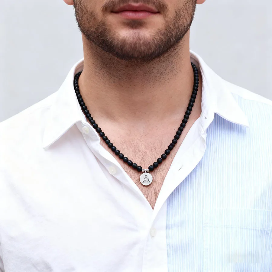 Fashion 6mm Onyx Stone Necklace Men Amulet Pendanr Grade A Beaded 20Inches Short Collar Jewelry Outdoor Casual Homme Neck Joias