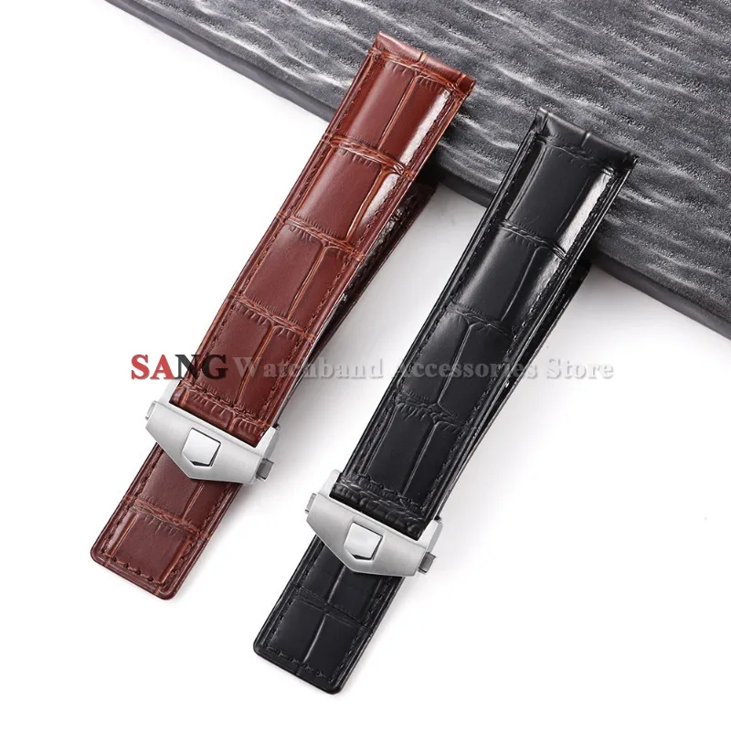 20/22/24mm Cowhide Leather Watchband Strap Folding Buckle Men's Bracelet for Tag Heuer Carrera Monaco Bamboo Patterned Wristband
