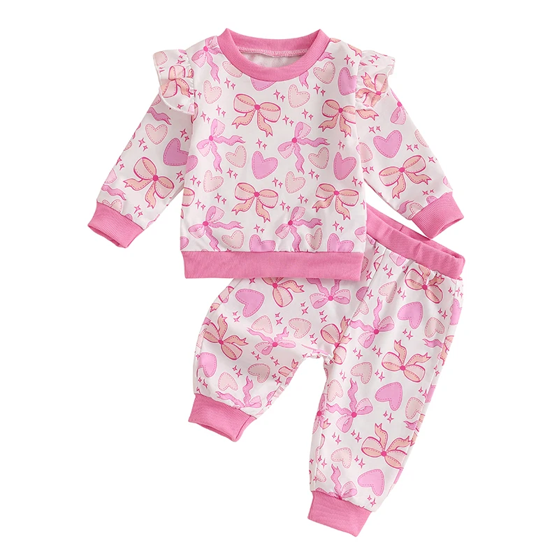 Toddler Girls 2PCS Valentine s Day Sets Long Sleeve O Neck Heart Bow Print Tops Pants Set