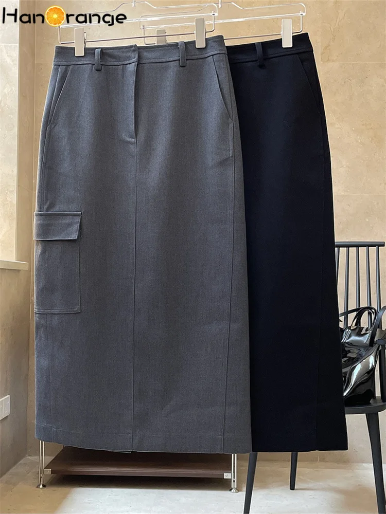 HanOrange 2026 Spring Fashion Pocket Skirt Straight Tube H-shaped Wide Drape Slit Midi Skirt Grey Black Cargo
