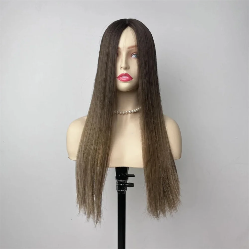 Soft Ombre Brown 28inch 5x5 Silk Base Straight Jewish Human Hair Wig With Baby Hair HD Lace European Hair Preplucked  Daily