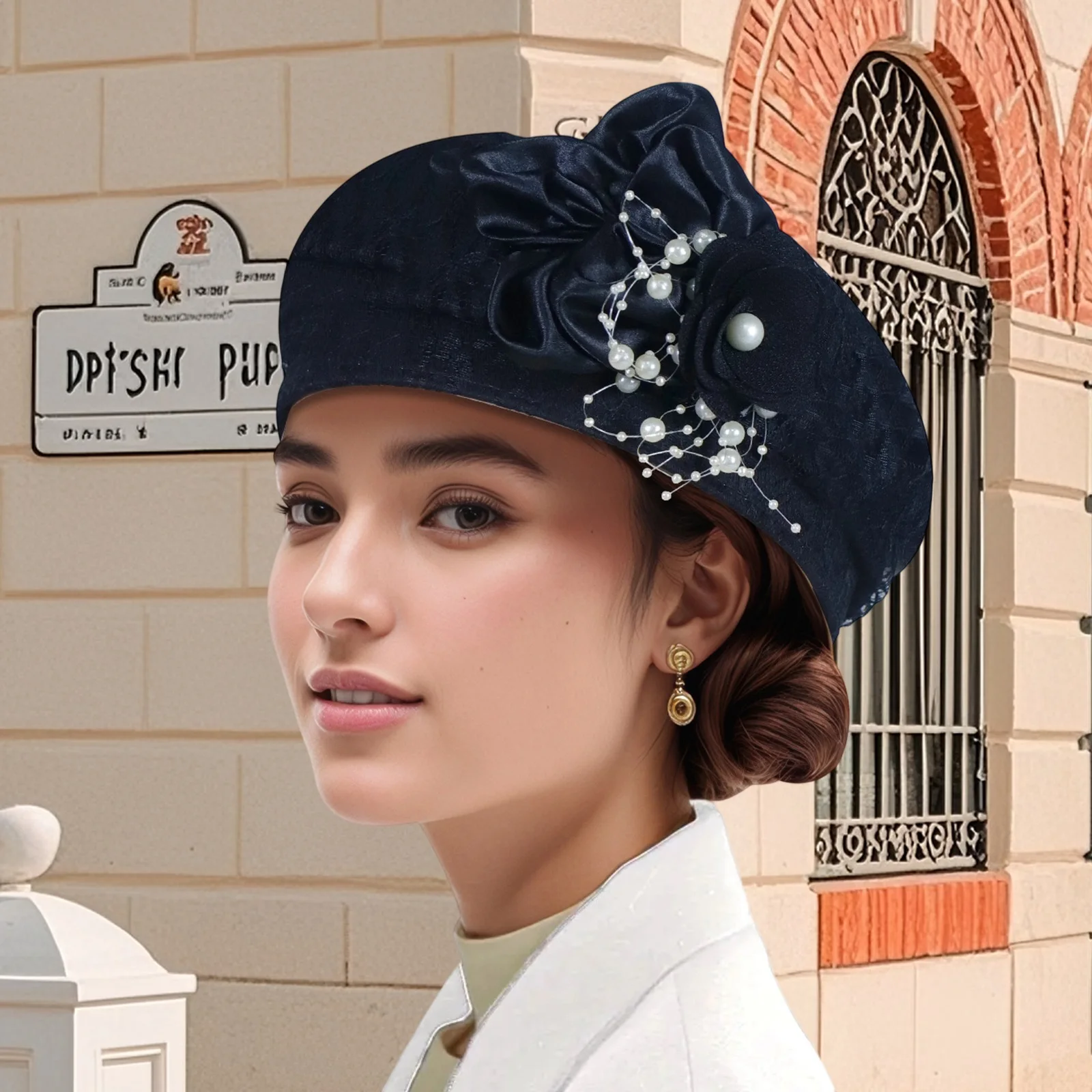 Women Beret Hat with Pearl Flower Breathable Brimless Cap Trendy Fascinators Hats for Tea Party Stage