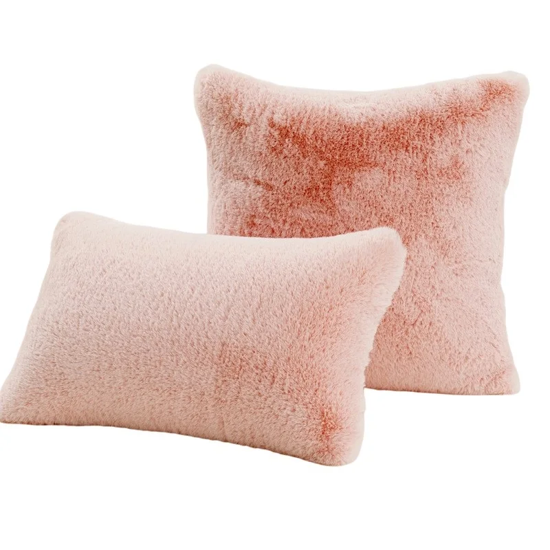 Pink Gift Luxury Throw Pillow Case Faux Rabbit Fur Cushion Cover with Zipper Soft Cozy Bedroom Sofa Couch Decor Coussin Canapé