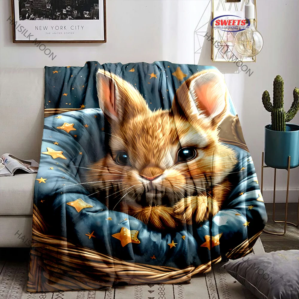 1PC Cute Rabbit Printed Soft Blanket, Cozy and Warm Throw Blanket for Sofa, Bed, Camping, Holiday Gift for Family and Friends