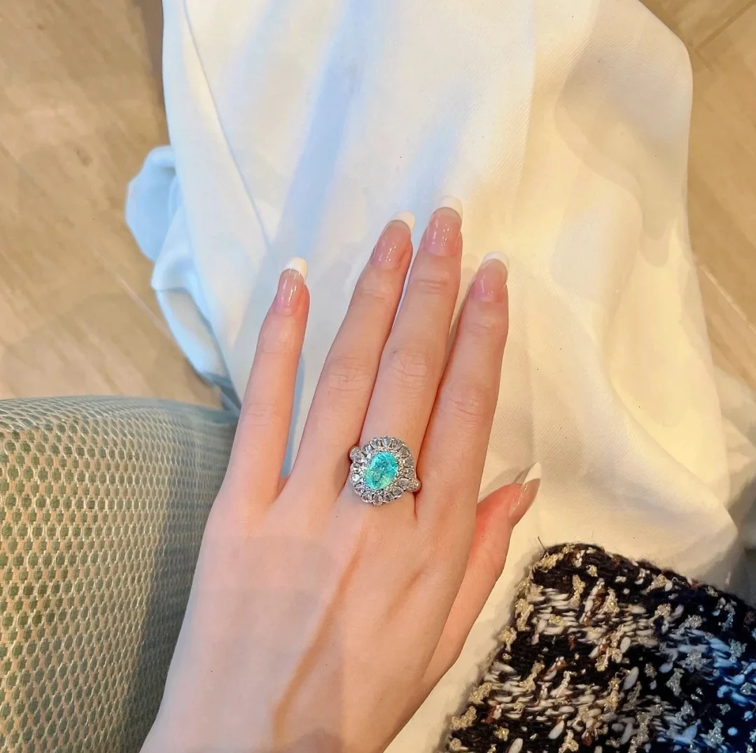 Luxurious Paraiba Hollow Flower Water Drop Pear-Shaped Oval Sapphire Full Diamond Couple Ring For Women Wedding Gift Jewelry