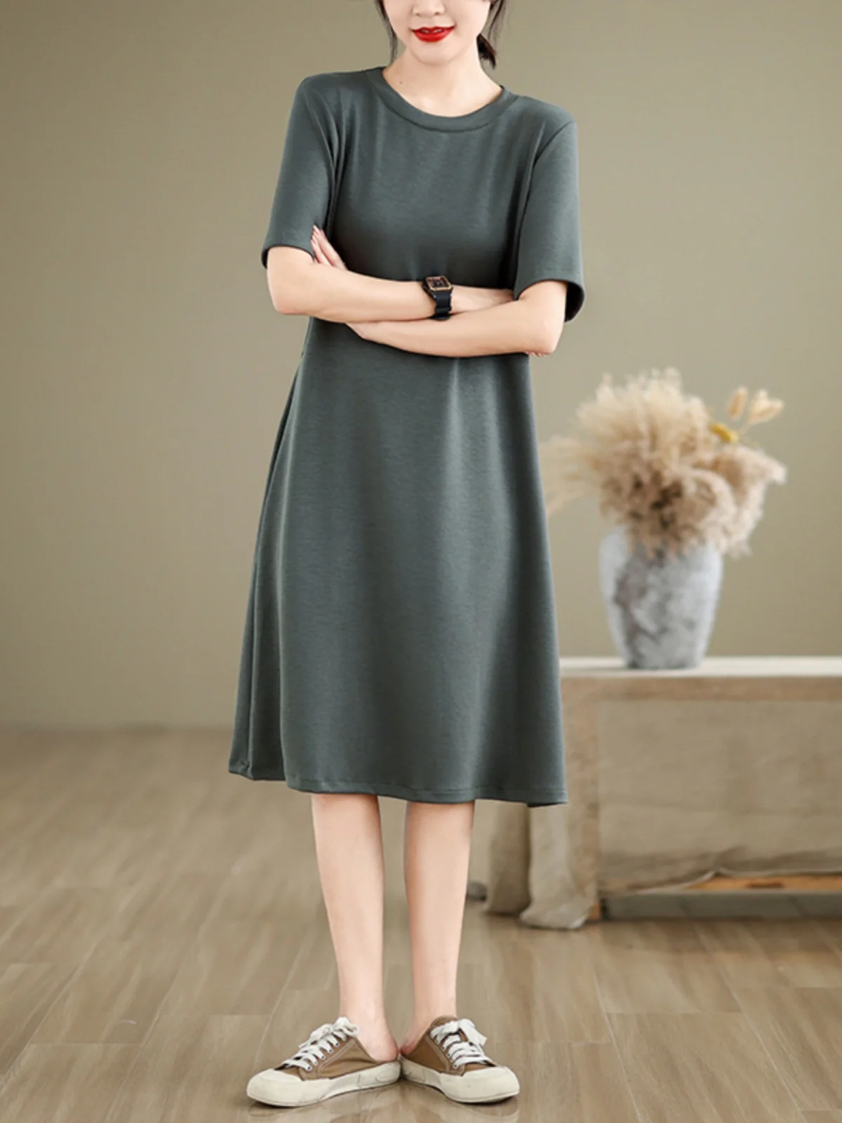 Été nouveau ey t-shirt style décontracté Dr femmes taille haute coton jupe mi-longue effet minceur Faionable een couleur dame Sle