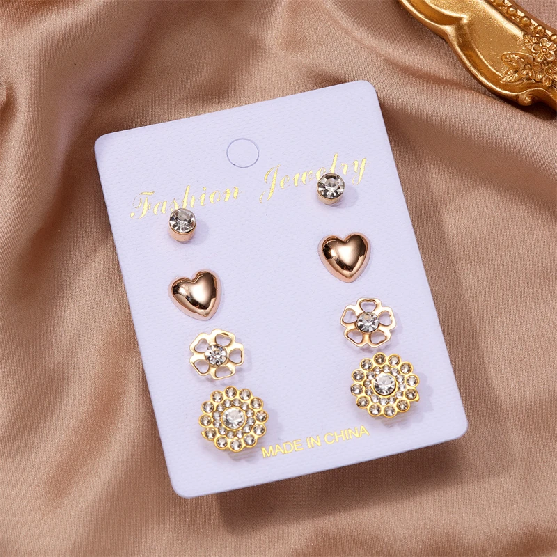 New Fashion Daisy Flower Star Stud Earrings Set for Women Girls Cute Exquisite Imitation Pearl Rhinestone Earrings Jewelry Gift