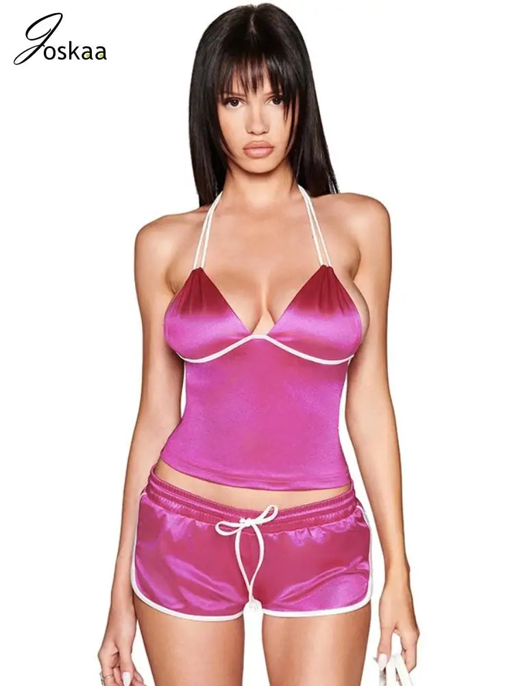 

Joskaa 2025 Women's Color Block Two Piece Set Sexy Halter Deep V Backless Cami and Drawstring Hot Shorts Suits Y2K Streetwear