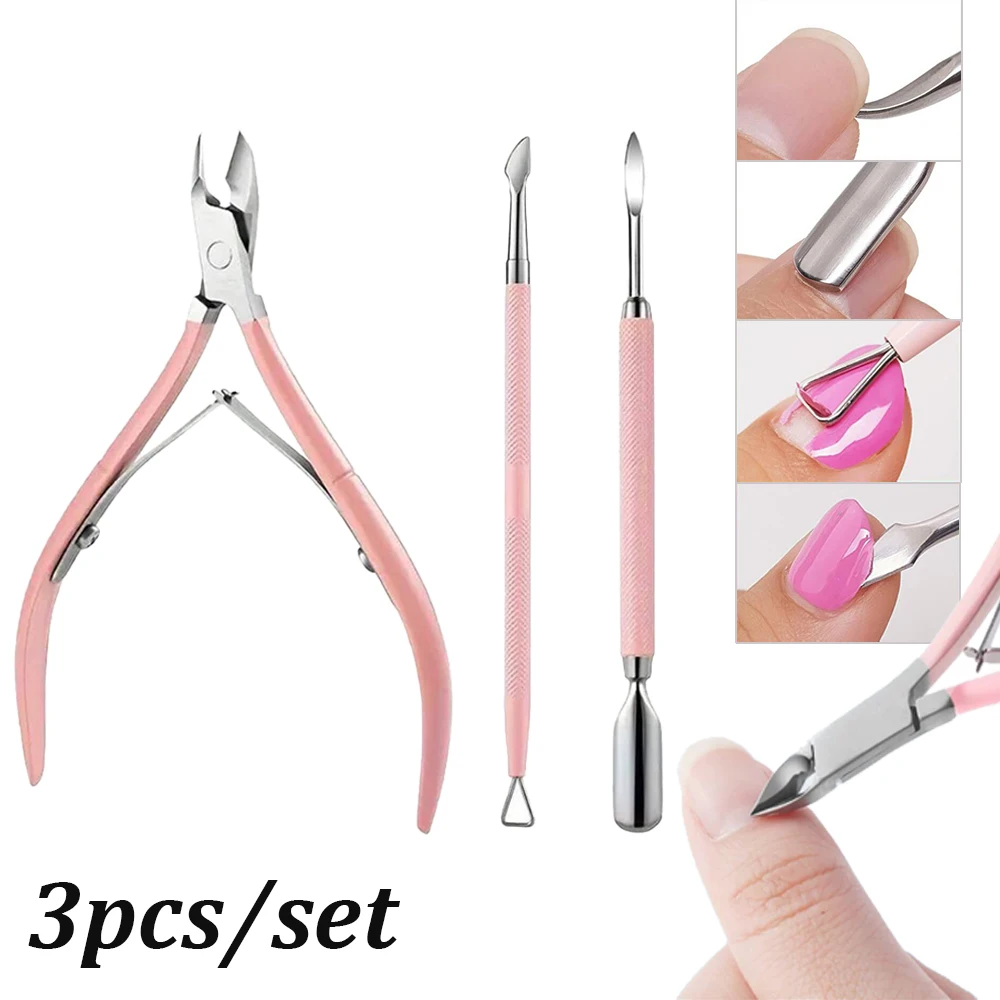 

3 Pcs/Set Pink Nail Cuticle Scissor Stainless Steel Cuticle Pusher Double-ended Cuticle Trimmer Nails Dead Skin Remover Pedicure