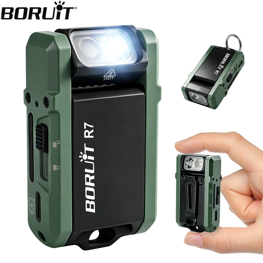 BORUiT R7 800LM Lampe torche porte-clés mini LED rechargeable Type-C, lumière porte-clés RGB, lampe torche magnétique, lampe de travail de poche