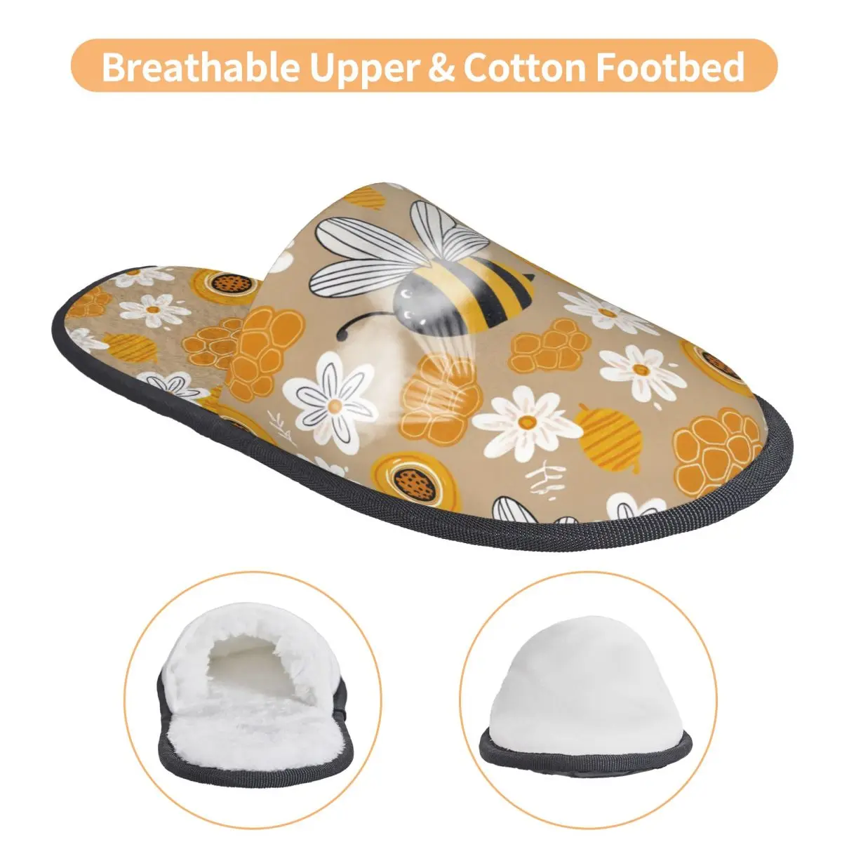 Custom Colorful Bees Flowers Pattern Memory Foam Slippers Women Cozy Warm House Slippers