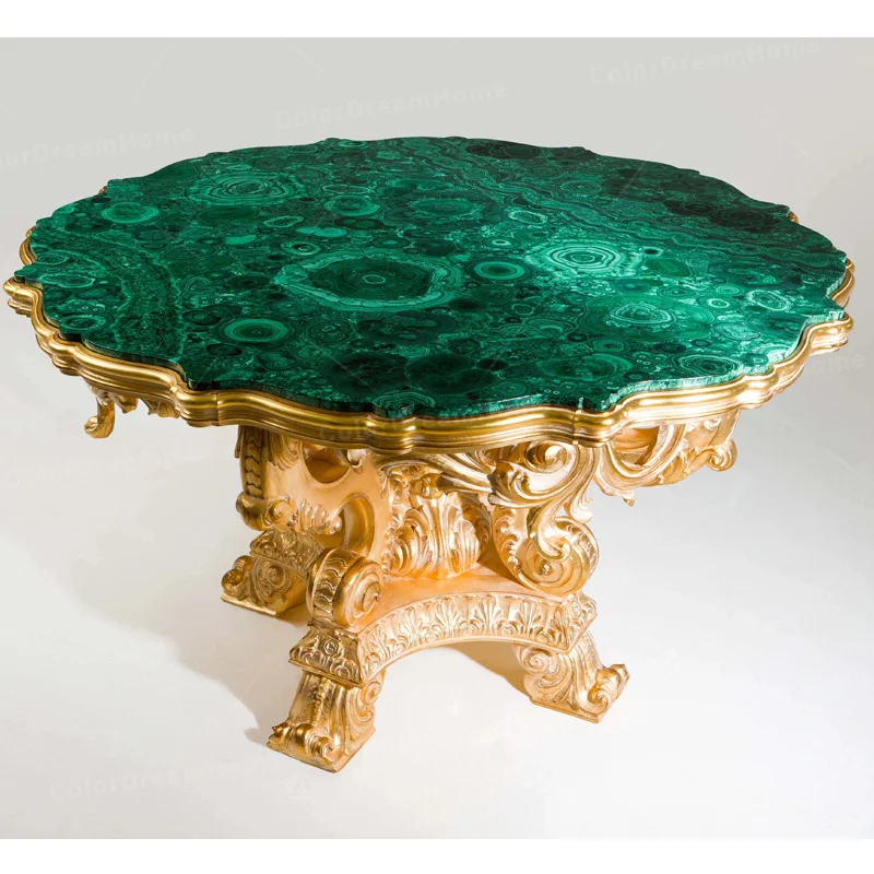 Round Natural Green Marble Top Side Tables Well-crafted Rococo Style End Table for Living Room Wooden End Tables