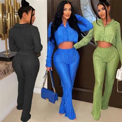 Women Pants Sets Two Pieces Set Single Breasted Blouses Wide Leg Pants Full Length Tracksuit Loose Fit Casual Folds Pockets