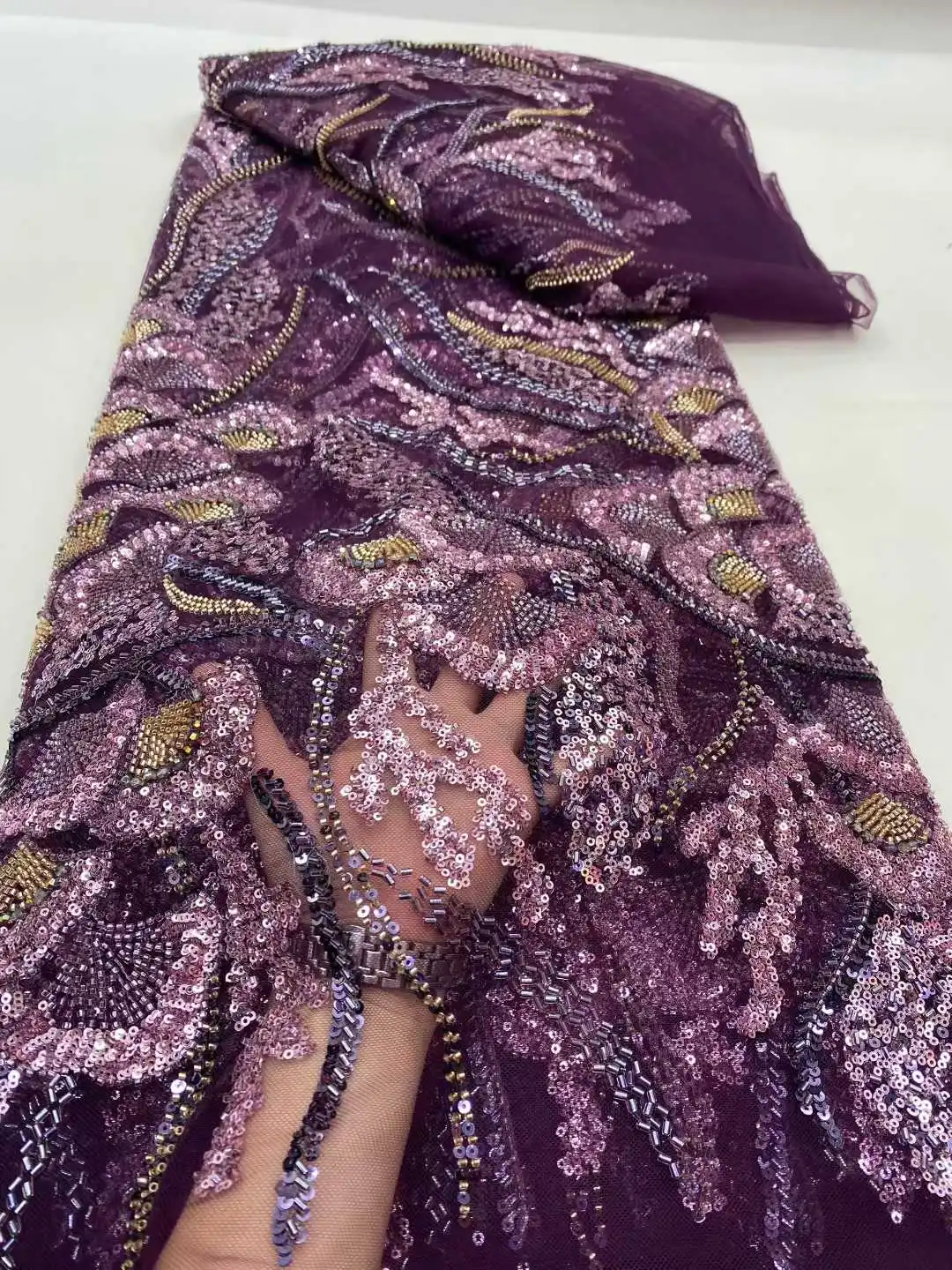 Kain Renda Manik-Manik Afrika Terbaru Kain Renda Payet 5 Yard Berkualitas Tinggi 2025 Kain Renda Biru Gaun Pengantin Nigeria SZ1669