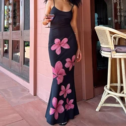 Women's Aesthetic Camisole Dress Floral Print Sleeveless Backless Sexy Dress Long Slim Dress Party Dress