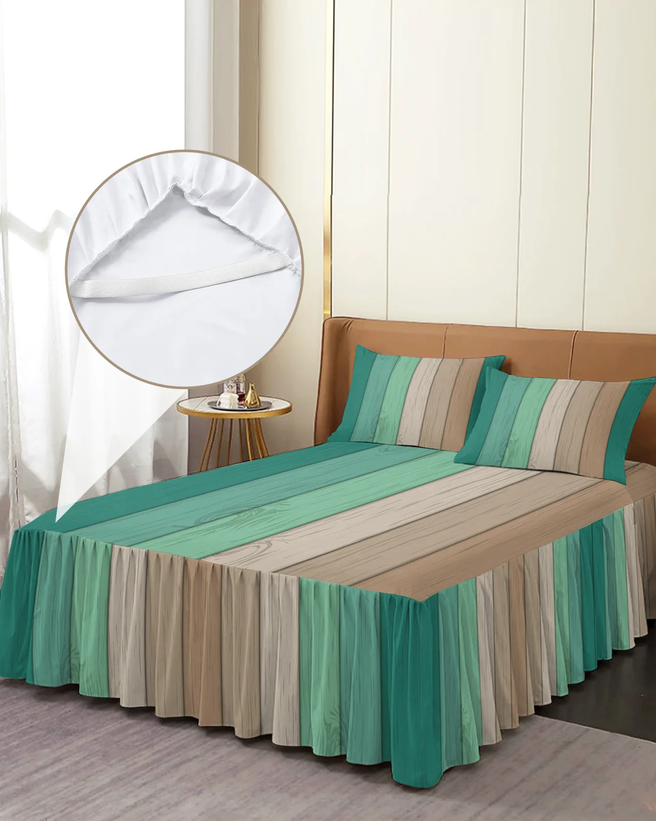 

Vintage Turquoise Brown Gradual Wood Grain Bed Skirt Fitted Bedspread With Pillowcases Mattress Cover Bedding Set Bed Sheet