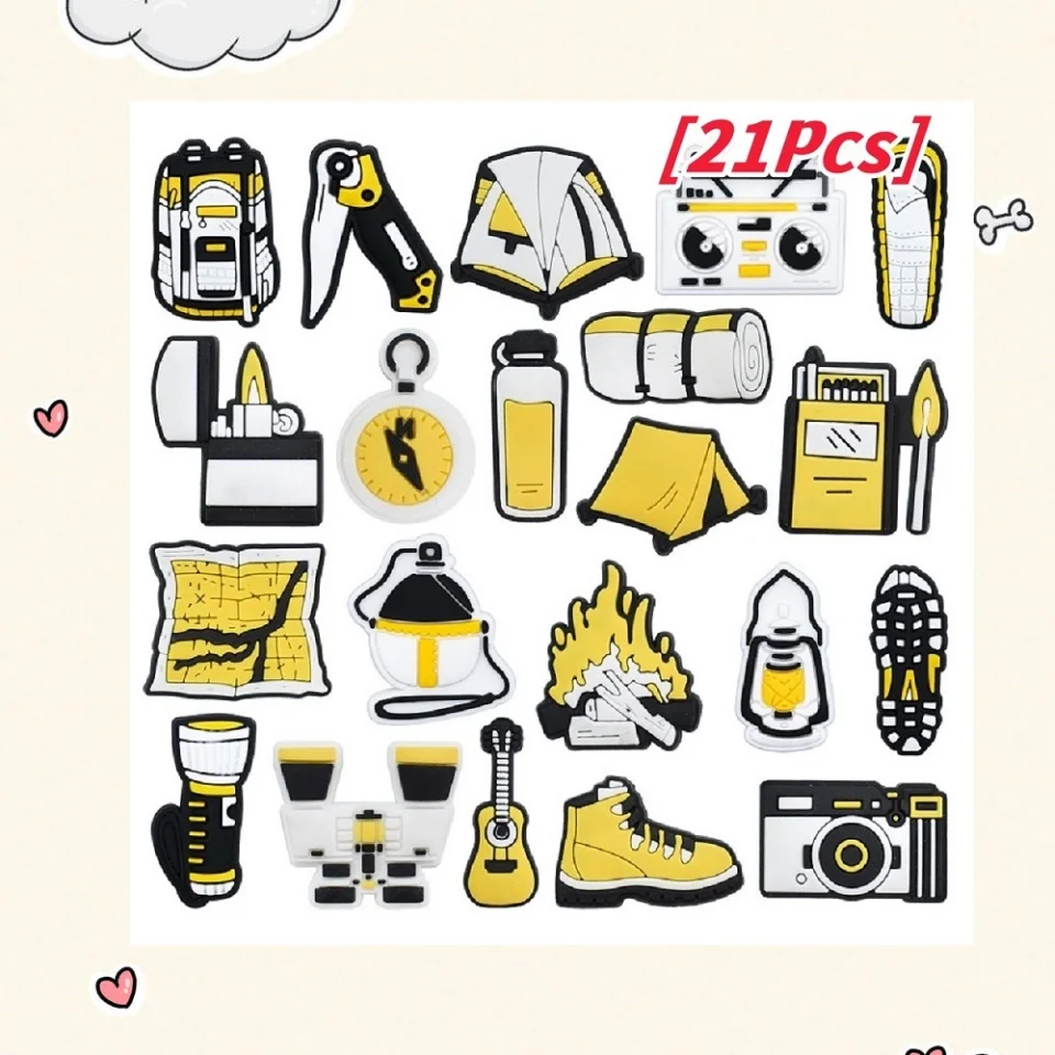 

21Pcs shoe accessories, camping binoculars, compass, camera, bus tent, kettle, chair cartoon shoe decorations.