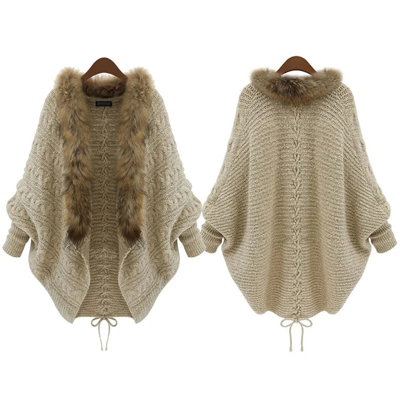 Oversize Knitwear Autumn Winter Women Khaki Faux Fur Neck Knitted Cardigans Female Long Batwing Sleeves Loose Sweater Shirt