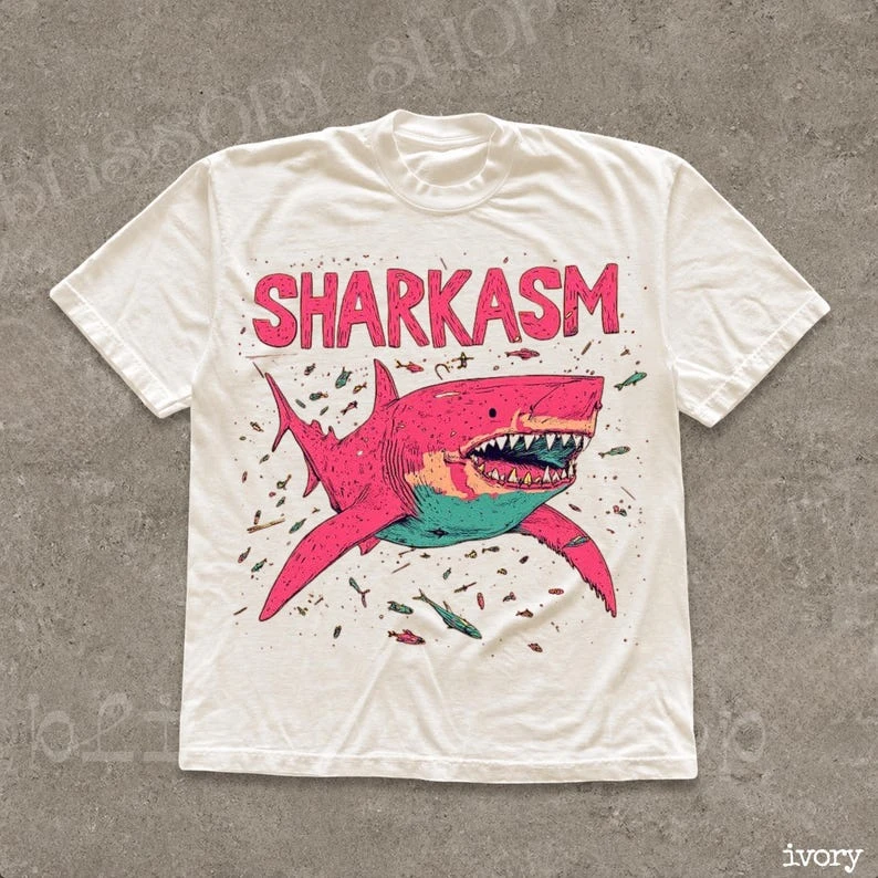 Funny Shark Metal T-shirt Oversized Unisex Cotton Streetwear Trendy Casual Loose Vintage Loose Short Sleeves hot product soft