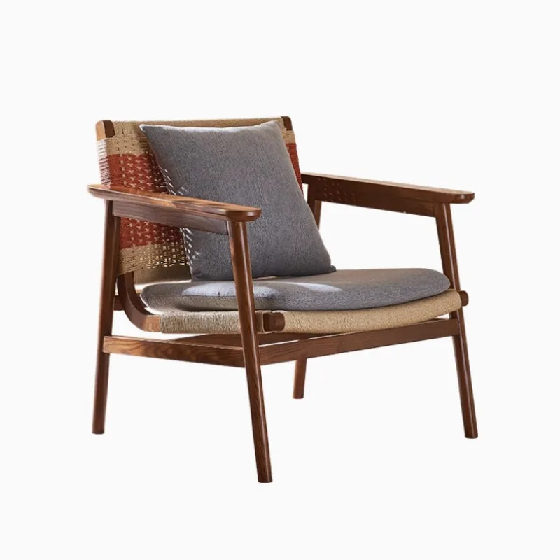 Solid wood leisure chair, home balcony single hemp rope lounge chair, small apartment, modern minimalist ash wood sofa chair