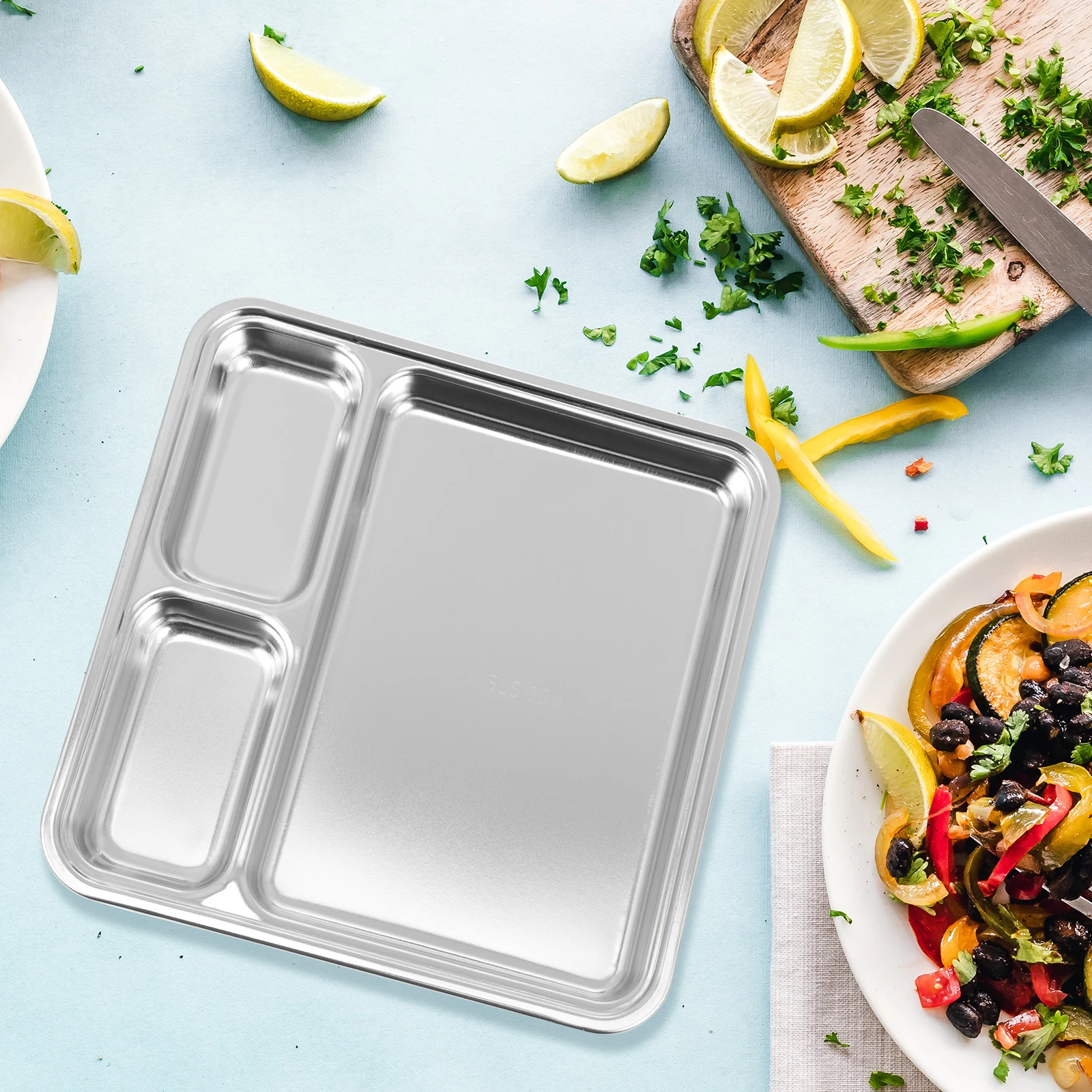

Stainless Steel Divided Food Plate Silver Color Fried Chicken Dumpling Tray Travel Camping Hiking Practical Safe Material Round
