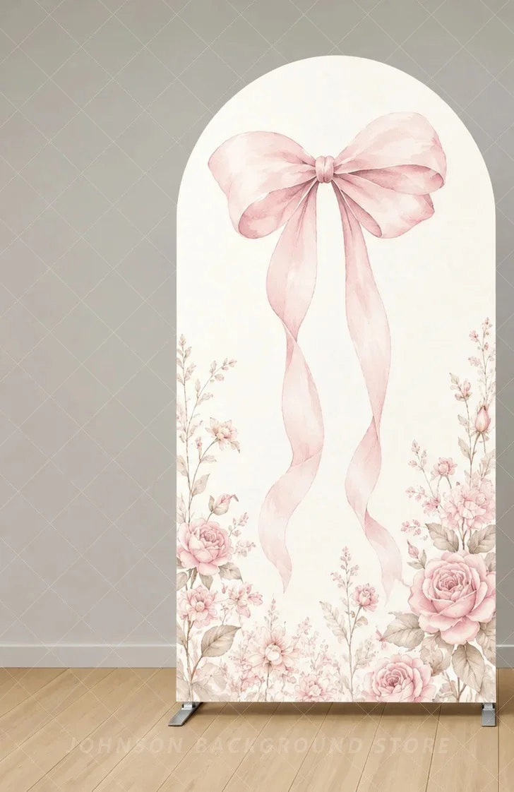 Pink Bow Floral Double Arch Backdrop Cover Watercolor Rose flower Coquette Theme Baby Shower  Girl Party Event background