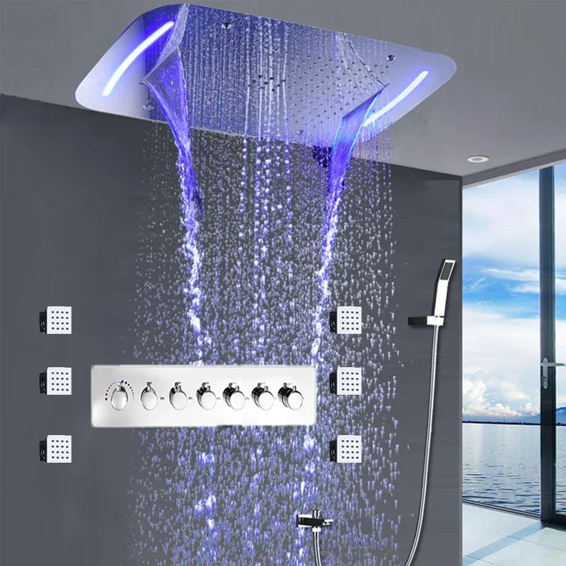 Luxury 6 FUNCTIONS LED SHOWER FAUCETS 710X430 MM LARGE RAIN MIST WATERFALL BUBBLE HIGH FLOW THERMOSTATIC SHOWER SET