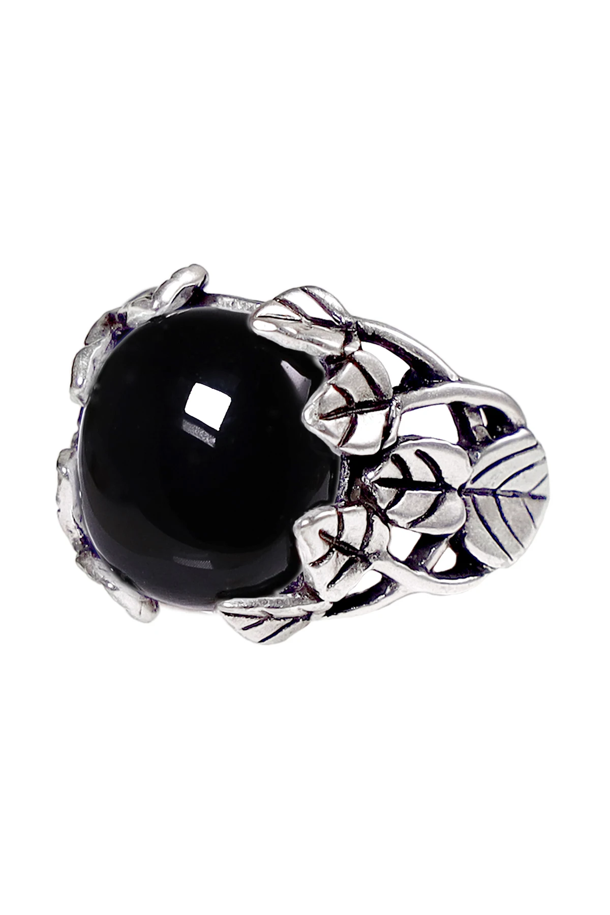 Hand Carved Crafts Gemstone Black Onyx Ring Jewelry Antique Silver Garden Ring Gifts for Women Men