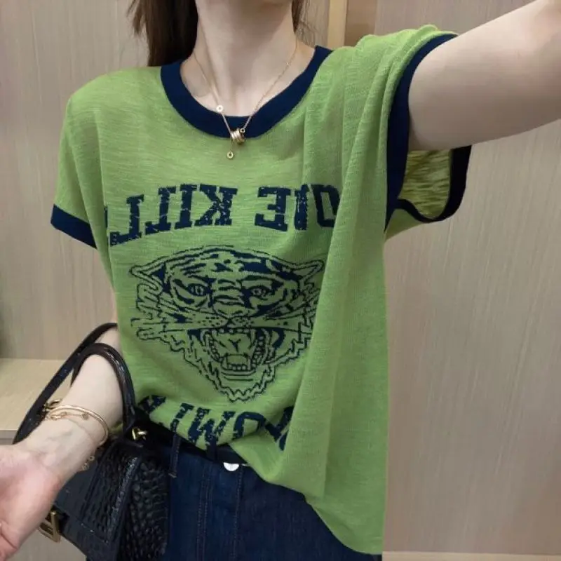 Summer New Women's Contrast Color Crew Neck Letter Pullovers Fashion Loose Casual Simplicity Short Sleeve Versatile T-shirt Top