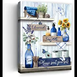 Blue Ocean Flower Canvas Wall Art x Coastal Beach Decor Framed Seascape Painting for Bathroom Bedroom